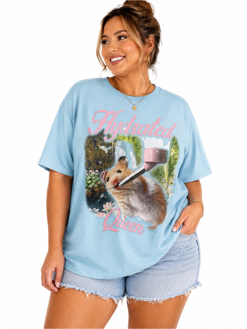 MAD Engine Hydrated Queen Graphic Tee - Light Blue with Pink Script